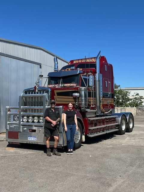 Spanner and Stacey Hannah, owner-operators of G&S Hannah Transport, with their Kenworth truck in Welshpool WA