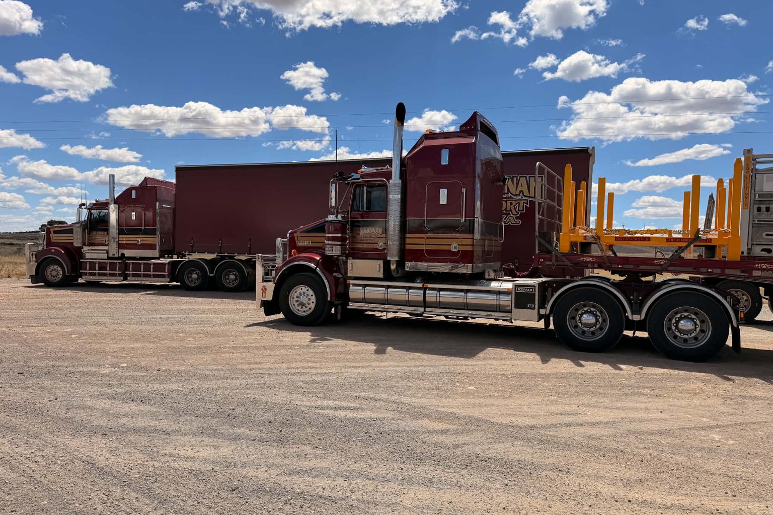 Two G&S Hannah Transport Kenworth trucks parked on the Nullarbor, heading back to Perth.
